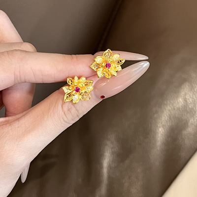 潮流百搭款黄金耳钉优雅好运莲莲耳环女士红锆石足金AU999耳饰