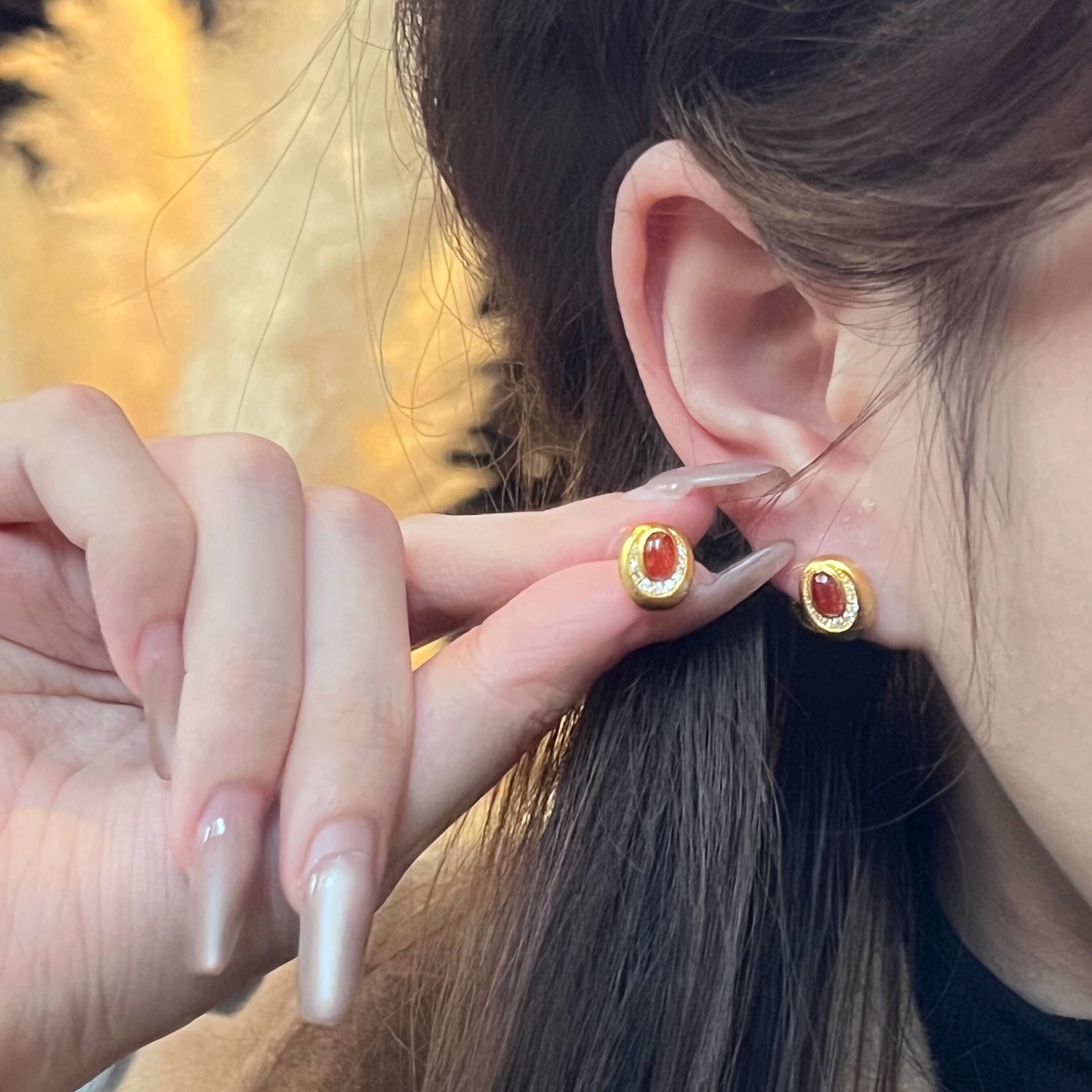 黄金耳钉女复古欧美风红玛瑙名缓小香风足金999耳环耳饰支持复检