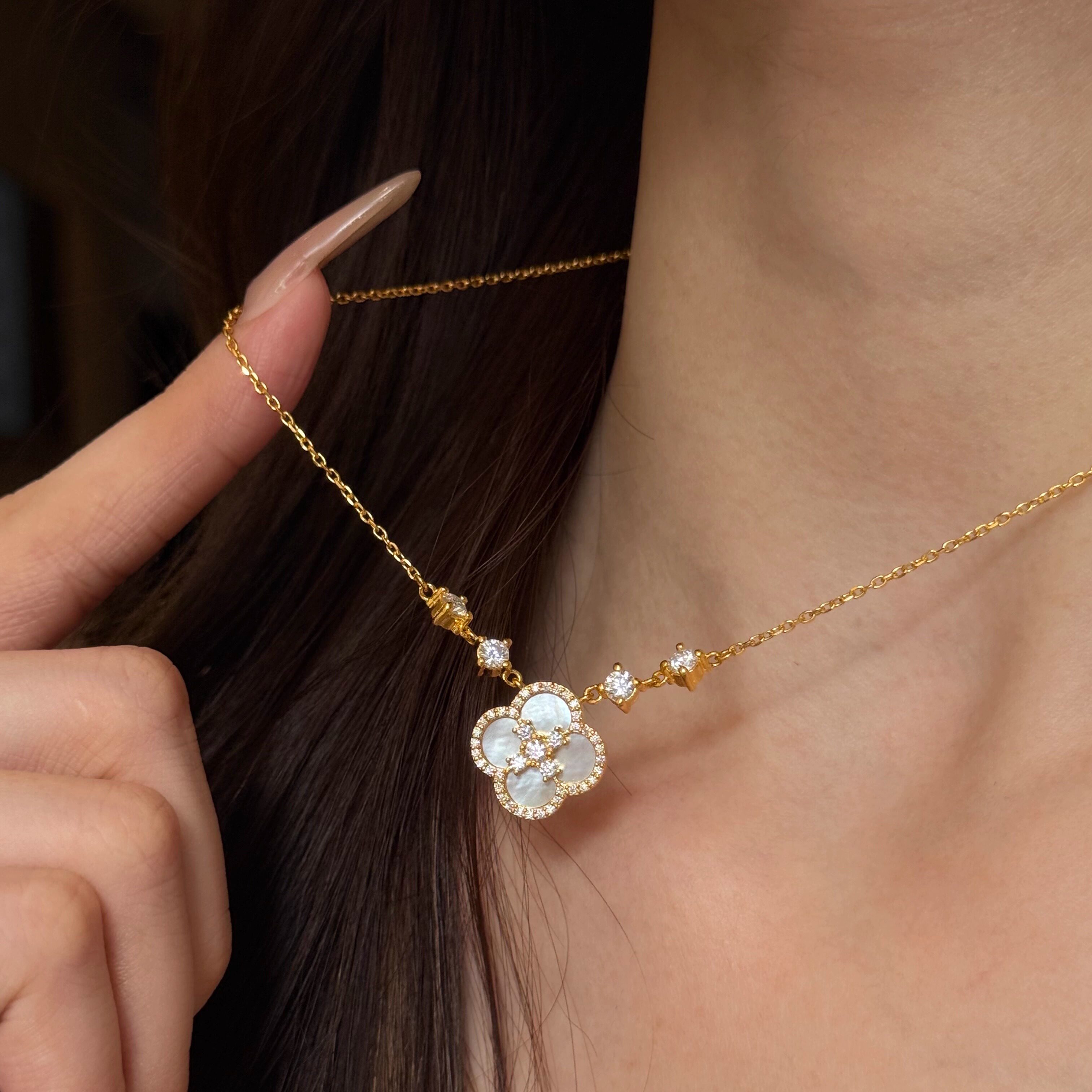 黄金潮牌时尚项链女生高级感日常百搭四叶满钻复古套链足金999