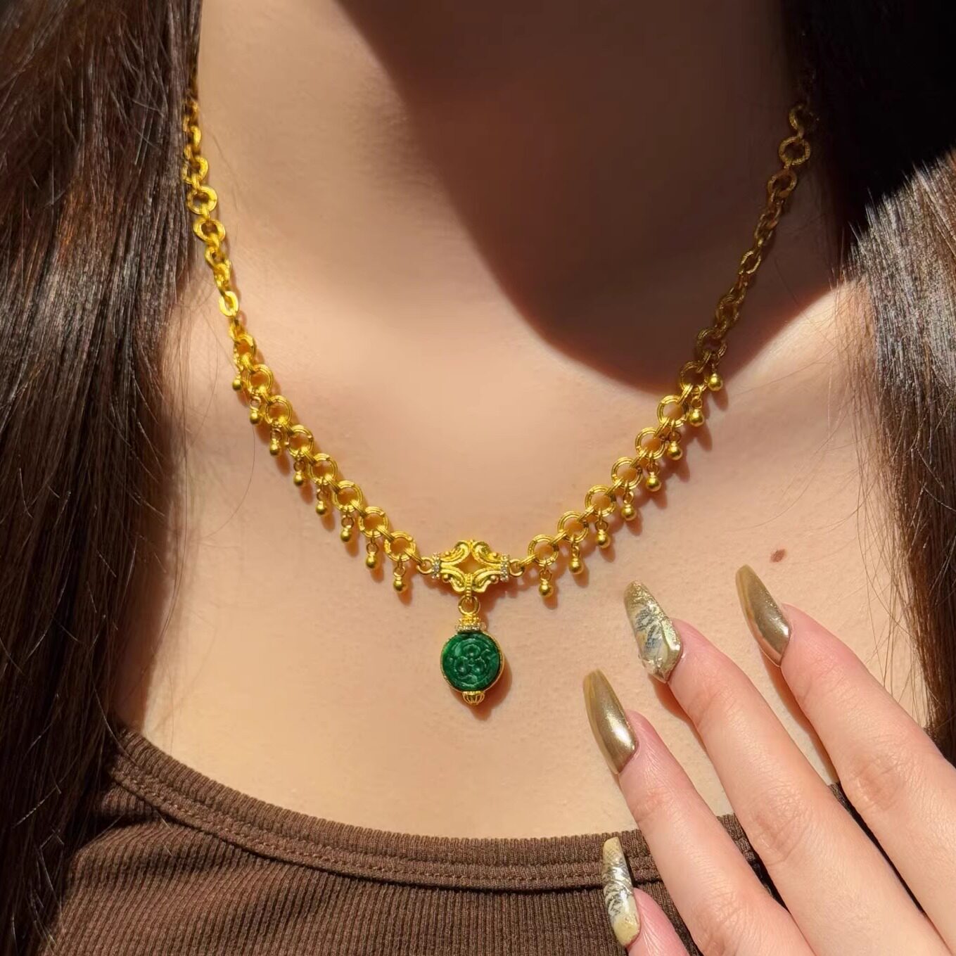 新款中式圆圈黄金国潮古典翡翠套链女士项链足金999国检证书复检