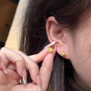 黄金耳钉玫瑰带钻女足金999简约潮流款花样耳环支持复检带证书