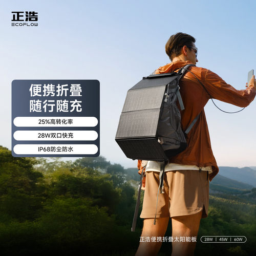正浩EcoFlow 便携折叠背包太阳能充电板28W/45W/60W户外徒步露营