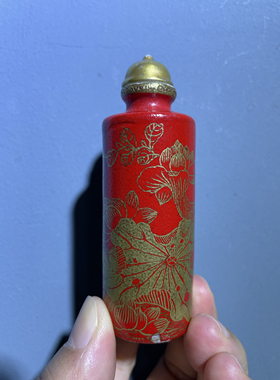 老物件 清代 吉庆堂 陶瓷胭脂红描金花鸟鼻烟壶 摆件 手绘