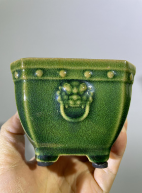 石湾窑双面辅首衔环 一风堂绿釉菖蒲盆 花盆 开片