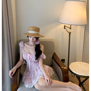 连衣裙少女感海边度假裙夏蓬蓬裙女 方领碎花短款 Tongse 繁花岛