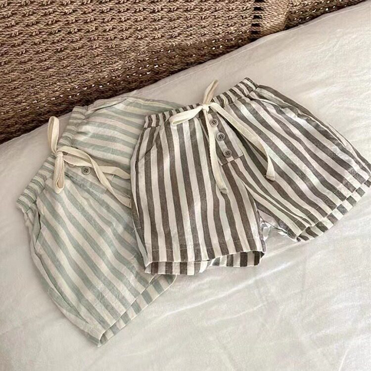 宝宝条纹短裤夏季薄款婴儿宽松麻裤子