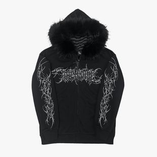 湿体原创  暗黑朋克哥特刺青印花毛领连帽卫衣宽松外套无性别女