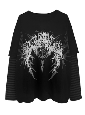 湿体wetbody 原创亚文化摇滚暗黑印花假两件长袖T恤中性上衣女