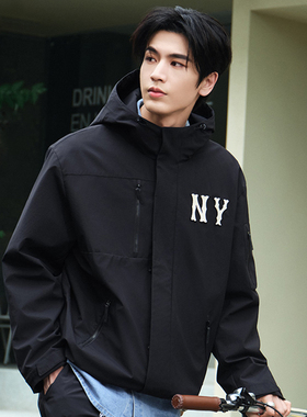 24新款MLB情侣外套男女NY防水冲锋衣连帽休闲运动夹克3AWJB0644