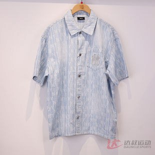 25新款MLB情侣短袖衬衫男女NY渐变老花满印翻领运动外套3ADRM0553