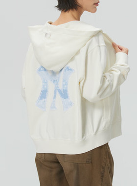 26新款MLB情侣外套男女NY复古仿牛仔老花宽松休闲连帽衫3ATRM0261