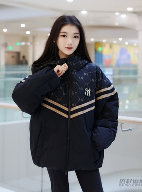 24新款MLB情侣羽绒服男女NY复古老花撞色保暖棉羽外套3ADJM0746
