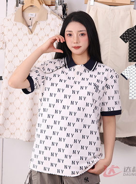 25新款MLB情侣短袖男女NY老花满印POLO衫翻领运动T恤3APQM0153