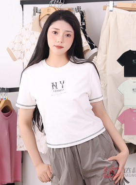 25新款MLB女款短袖NY复古字母印花短款圆领休闲运动T恤3FTSB0453