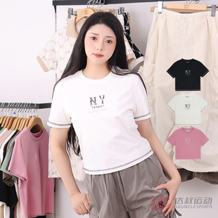 25新款MLB女款短袖NY复古字母印花短款圆领休闲运动T恤3FTSB0453