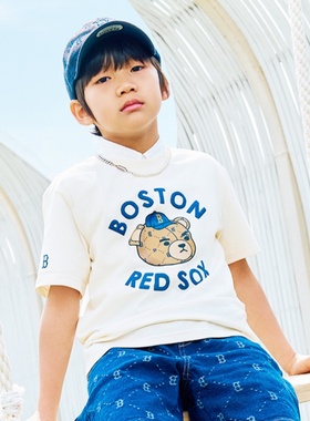 24新款MLB儿童短袖男女童NY字母皱眉熊卡通印花运动T恤7ATSC0143