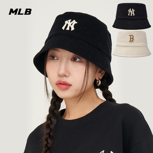 24新款MLB情侣渔夫帽男女NY刺绣灯芯绒平顶休闲运动盆帽3AHTB0646