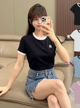 26新款MLB短袖女子NY小标拼接撞色短款修身休闲运动T恤3FTSB0263