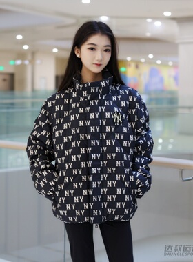 24新款MLB情侣羽绒服男女NY复古老花满印运动棉羽外套3ADJM0646