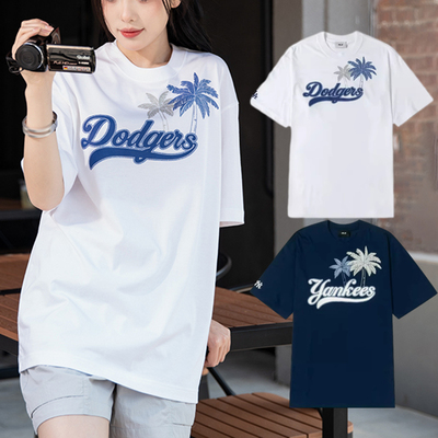 MLB男女短袖复古椰林印花运动T恤