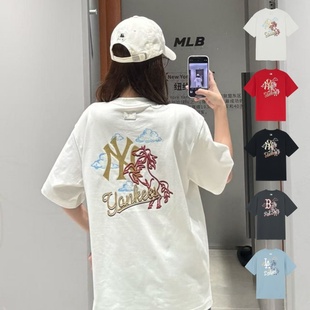 26新款 男女NY马年印花防晒宽松休闲运动T恤3ATSQ0261 MLB情侣短袖
