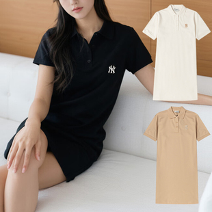 24新款MLB连衣裙女NY小标刺绣POLO领简约休闲直筒运动裙3FOPB0543
