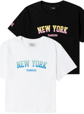24新款MLB短袖女NY复古字母印花学院风短款休闲运动T恤3FTSV1443
