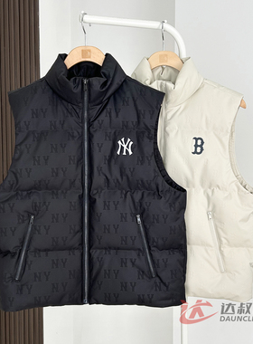 25新款MLB羽绒马甲男女NY暗纹老花满标立领运动棉羽外套3ADVM0356
