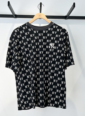 25新款MLB情侣短袖男女NY复古老花满印圆领休闲运动T恤3ATSM0553