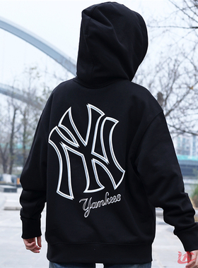 24新款MLB情侣运动卫衣男女NY3D印花连帽宽松休闲套头衫3AHDB0241