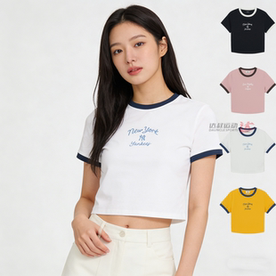 26新款MLB短袖女子NY复古学院风撞色短款修身运动T恤3FTSV0163