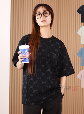 26新款MLB情侣短袖男女NY复古钻石老花宽松休闲运动T恤3ATSM1163