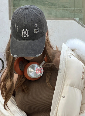 26新款MLB情侣棒球帽男女NY水洗磨破做旧运动帽鸭舌帽3ACPVV34N