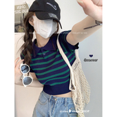 小衫 polo领条纹短袖 上衣设计感小众收腰短款 女2025初夏新款 针织衫