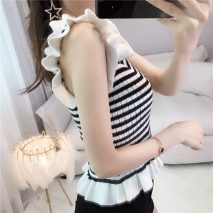 2025夏季新款小甜美清新条纹木耳袖打底吊带背心女外穿针织衫学生