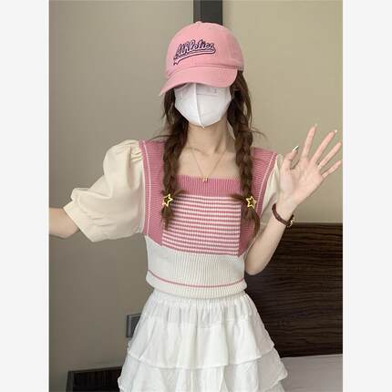 条纹方领冰丝针织短袖t恤女夏设计感小众修身显瘦短款泡泡袖上衣