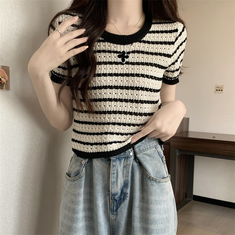 法式条纹短袖针织衫女上衣