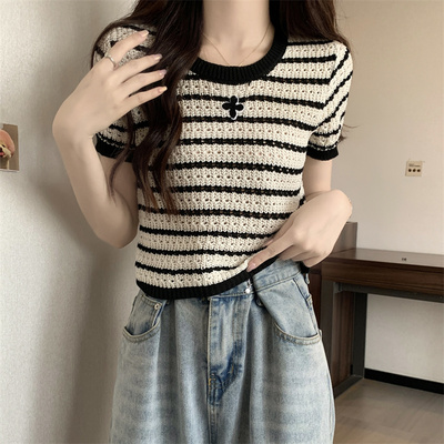 法式条纹短袖针织衫女上衣