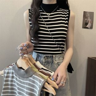 条纹半高领针织背心女打底衫2025年夏季新款修身无袖露肩上衣外穿