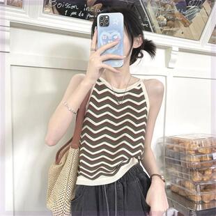 条纹针织上衣 外穿设计感小众春季 2025辣妹挂脖吊带背心女夏季 无袖
