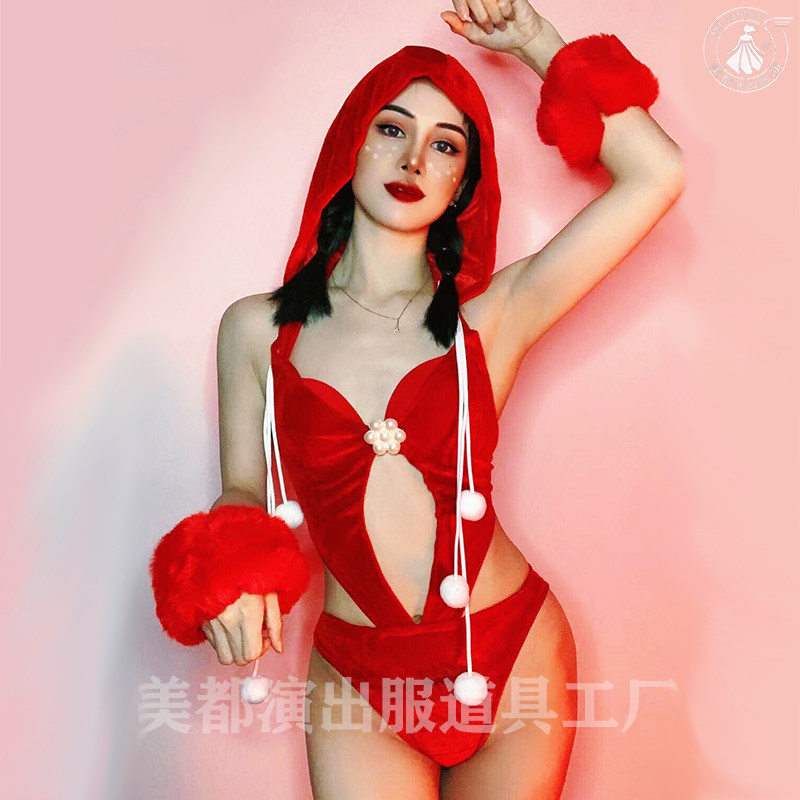 酒吧夜店gogo演出服女性感红色连帽镂空连体衣dj圣诞节新年ds领舞