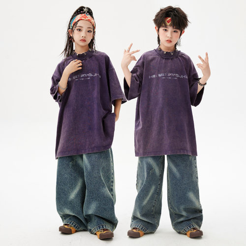 街舞儿童潮服嘻哈男童hiphop套装宽松复古T恤女童爵士舞炸街演出