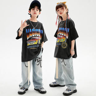 嘻哈宽松字母街舞潮服夏牛仔长裤少儿hiphop舞蹈演出服男女童套装