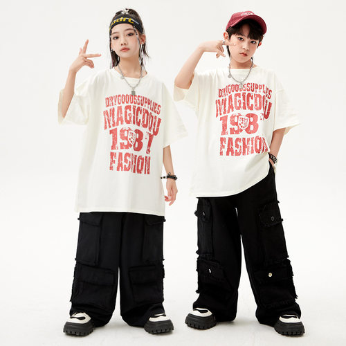 嘻哈童装潮牌街舞儿童潮服少儿hiphop字母短袖套装男童女童演出服