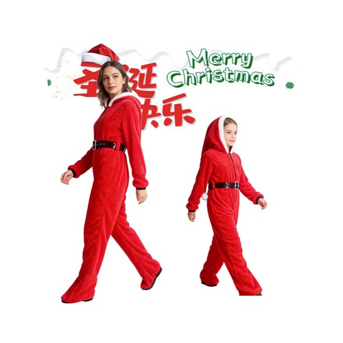 亚马逊新品 成人女款红色圣诞连帽连体裤装圣诞老人狂欢派对服装