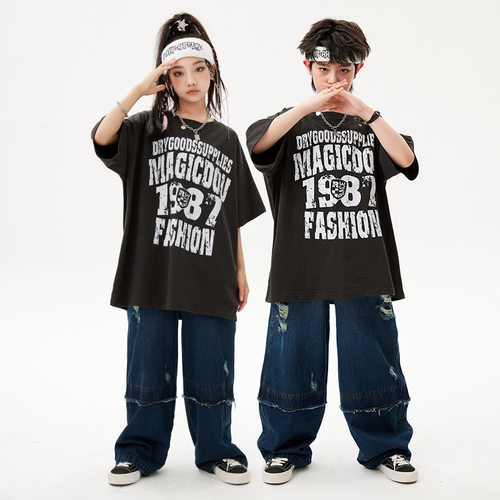 儿童嘻哈潮流街舞套装宽松男女童hiphop演出服少儿舞蹈表演服夏季