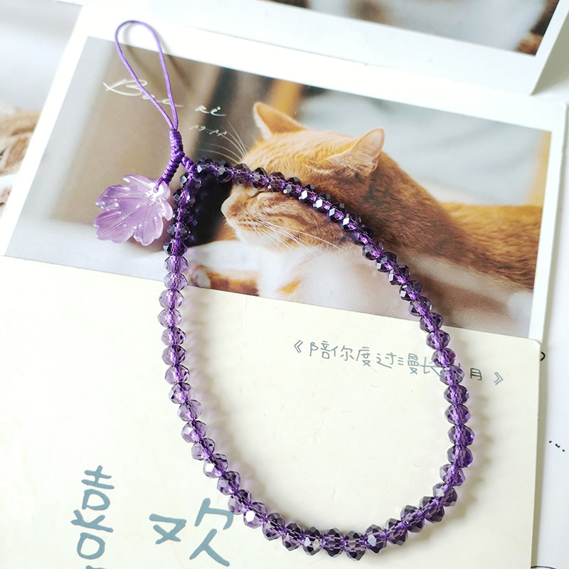 原创水晶手机挂绳枫叶琉璃吊坠手机链紫晶防丢链手腕绳气质简约