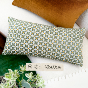 中古老钱风粗织雪尼尔提花面料灰绿色姜黄色30x60长条腰枕腰靠