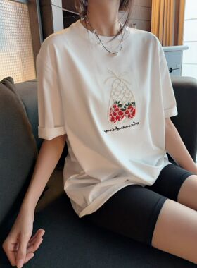 欧洲站2026春夏新款设计师款小众百搭刺绣一网兜草莓显瘦短袖T恤