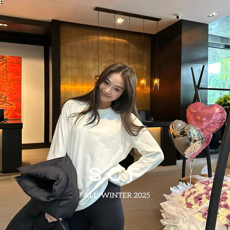 欧洲站2025冬季新款设计师小众经典圆领纯色宽松磨毛长袖T恤上衣
